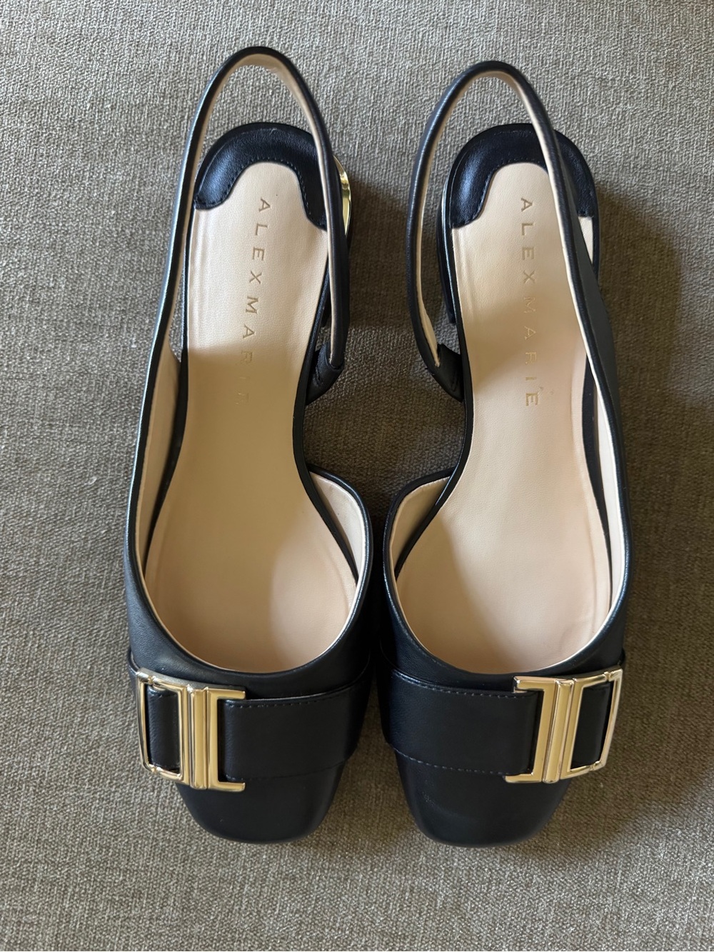 Alex Marie Black Slingback Flats with Gold Buckle Accent